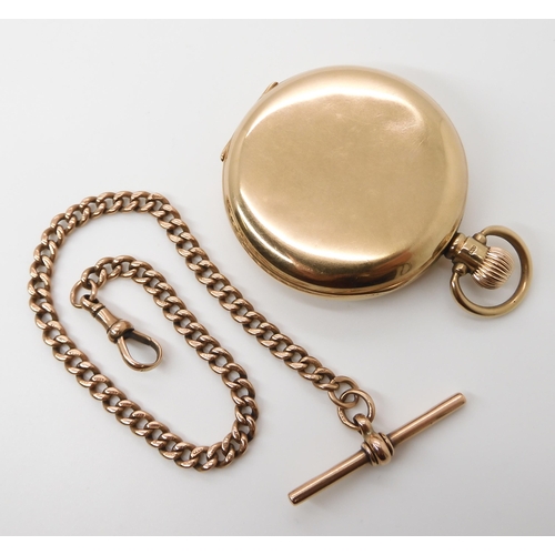 713 - A 9CT GOLD OMEGA FULL HUNTER POCKET WATCH AND CHAIN