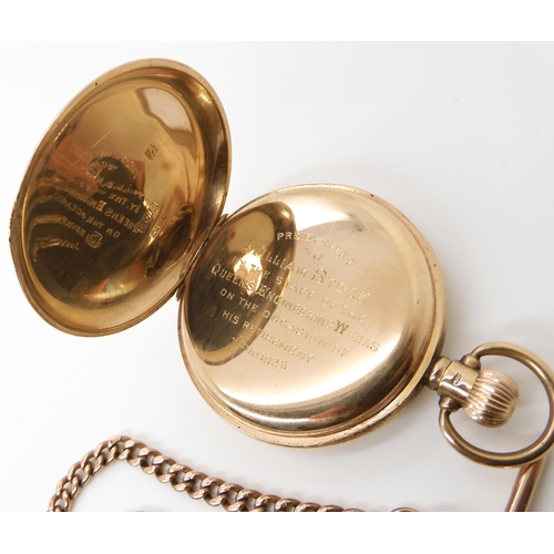 713 - A 9CT GOLD OMEGA FULL HUNTER POCKET WATCH AND CHAIN