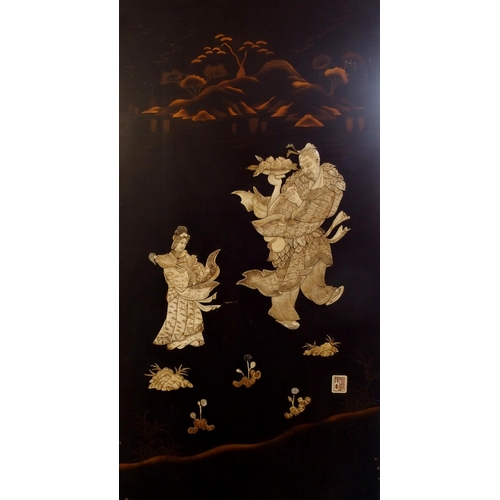 113 - A PAIR OF JAPANESE LACQUERED AND ONLAID PANELS