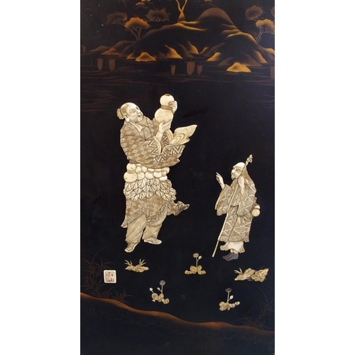 113 - A PAIR OF JAPANESE LACQUERED AND ONLAID PANELS