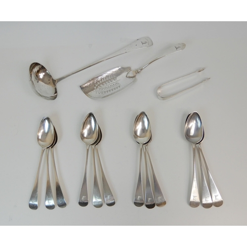 173 - A SET OF TWELVE SCOTTISH PROVINCIAL SILVER TABLESPOONS WITH MATCHING SOUP LADLE