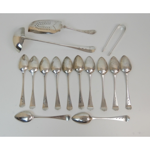 173 - A SET OF TWELVE SCOTTISH PROVINCIAL SILVER TABLESPOONS WITH MATCHING SOUP LADLE