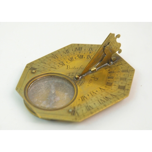 331 - AN 18TH CENTURY FRENCH BRASS OCTAGONAL FOUR-SCALE POCKET COMPASS AND SUNDIAL