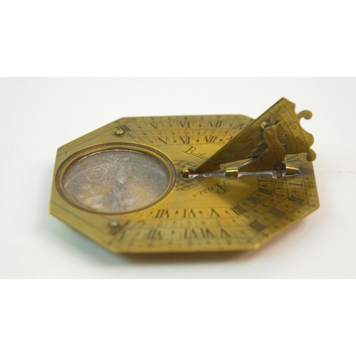 331 - AN 18TH CENTURY FRENCH BRASS OCTAGONAL FOUR-SCALE POCKET COMPASS AND SUNDIAL