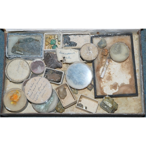 350 - A WOODEN CHEST CONTAINING SEMI PRECIOUS STONES  FLINT ETC