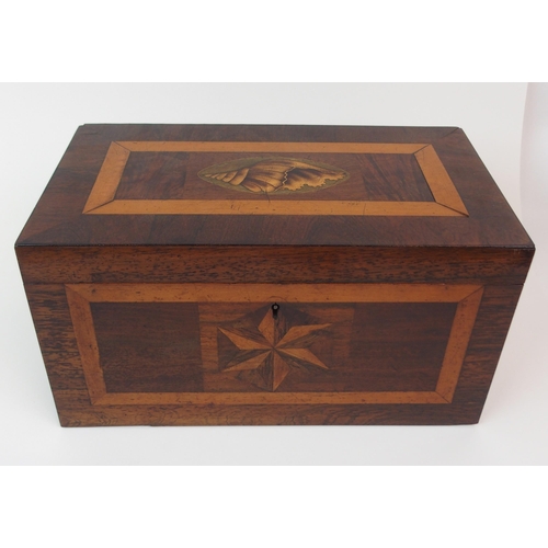 376 - A MAHOGANY TWO DIVISION INLAID CROSS BANDED TEA CADDY