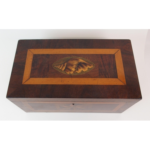 376 - A MAHOGANY TWO DIVISION INLAID CROSS BANDED TEA CADDY