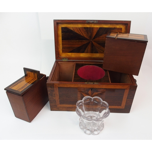 376 - A MAHOGANY TWO DIVISION INLAID CROSS BANDED TEA CADDY