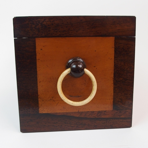 376 - A MAHOGANY TWO DIVISION INLAID CROSS BANDED TEA CADDY