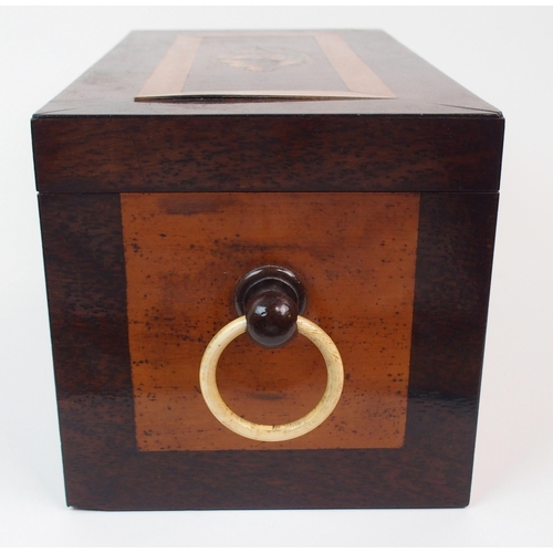 376 - A MAHOGANY TWO DIVISION INLAID CROSS BANDED TEA CADDY