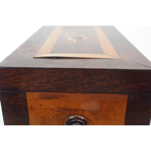 376 - A MAHOGANY TWO DIVISION INLAID CROSS BANDED TEA CADDY