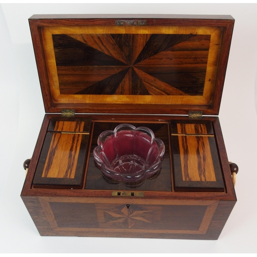 376 - A MAHOGANY TWO DIVISION INLAID CROSS BANDED TEA CADDY