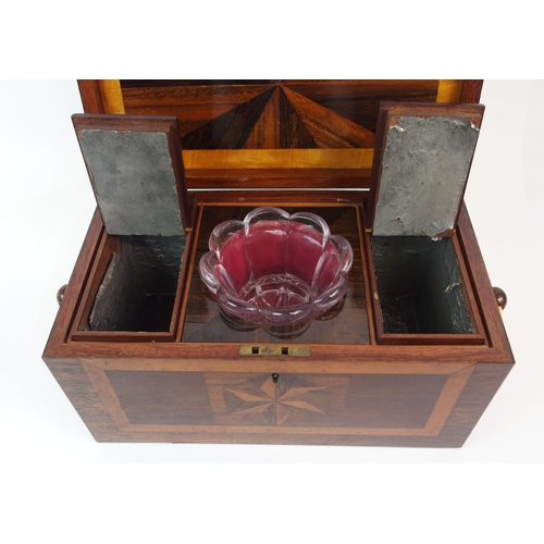 376 - A MAHOGANY TWO DIVISION INLAID CROSS BANDED TEA CADDY