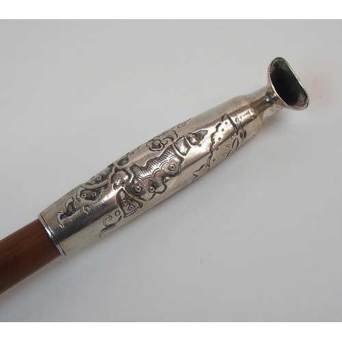 47 - A CHINESE WHITE METAL AND BAMBOO OPIUM PIPE