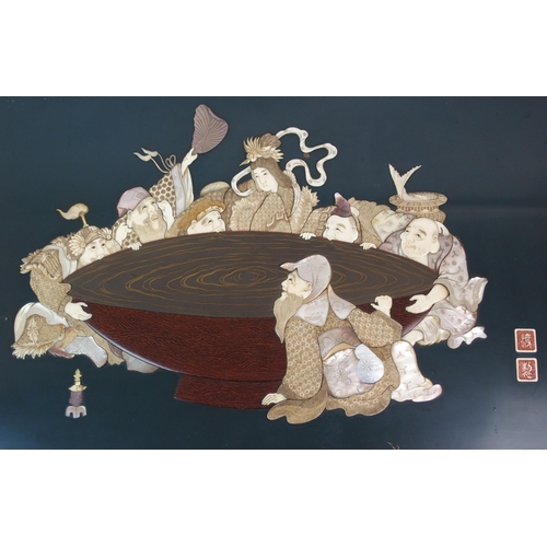 75 - A JAPANESE LACQUERED  IVORY AND SHELL PLAQUE