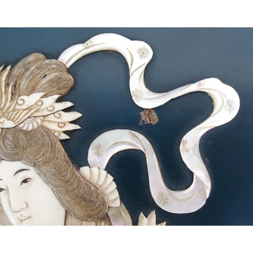 75 - A JAPANESE LACQUERED  IVORY AND SHELL PLAQUE