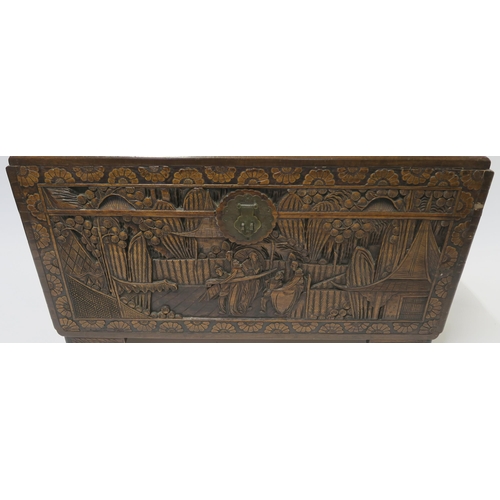 1 - A CHINESE CAMPHOR WOOD CARVED BLANKET CHEST