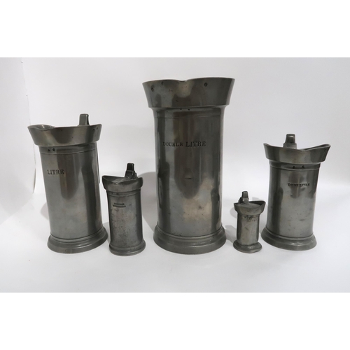 45 - FIVE LECLERC HUMBERT GRADUATED PEWTER FLAGONS