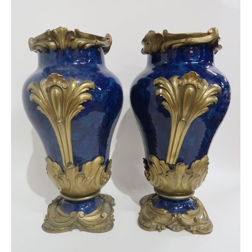 79 - A PAIR OF FRENCH BLUE GLAZED AND GILT METAL MOUNTED VASES