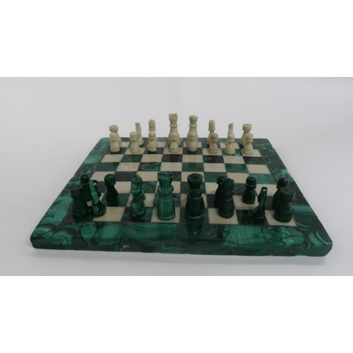 86 - A MINIATURE MALACHITE CHESS SET AND BOARD