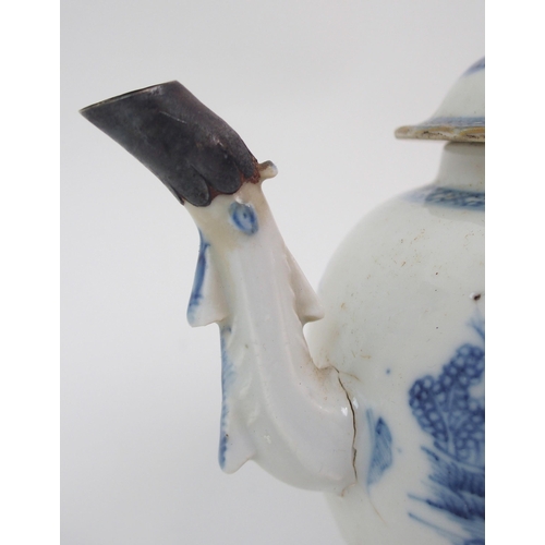 11 - A CHINESE EXPORT BLUE AND WHITE OGEE SHAPED TEAPOT AND COVER