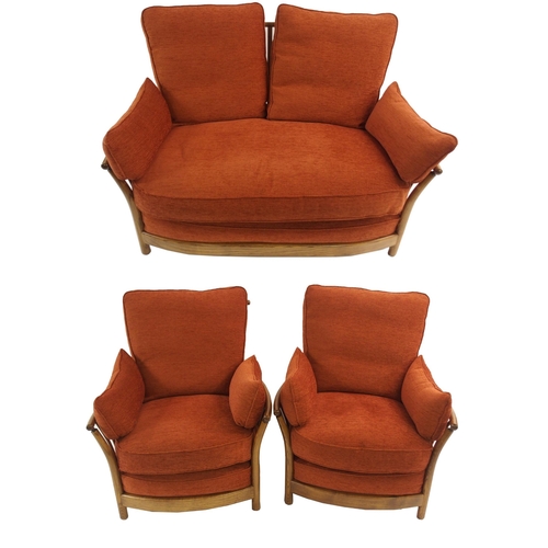 1136 - AN ERCOL RENAISSANCE TERRACOTTA UPHOLSTERED THREE PIECE SUITE