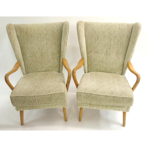 1149 - A PAIR OF HOWARD KEITH FOR HK FURNITURE MID-CENTURY BAMBINO GREEN UPHOLSTERED ARMCHAIRS