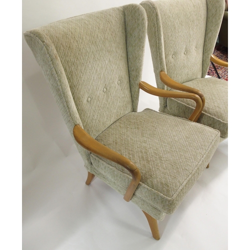 1149 - A PAIR OF HOWARD KEITH FOR HK FURNITURE MID-CENTURY BAMBINO GREEN UPHOLSTERED ARMCHAIRS