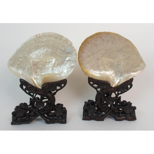 137 - A PAIR OF CHINESE EXPORT ABALONE SHELLS ON STANDS