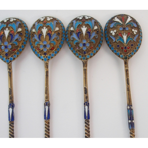 188 - A SET OF FIVE RUSSIAN SILVER GILT AND ENAMEL SPOONS