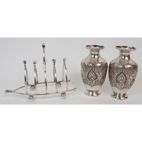 196 - A PAIR OF CONTINENTAL WHITE-METAL BALUSTER VASES