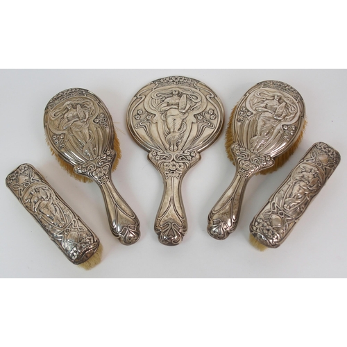 218 - A MATCHED FIVE PIECE ART NOUVEAU SILVER-MOUNTED DRESSING TABLE SET