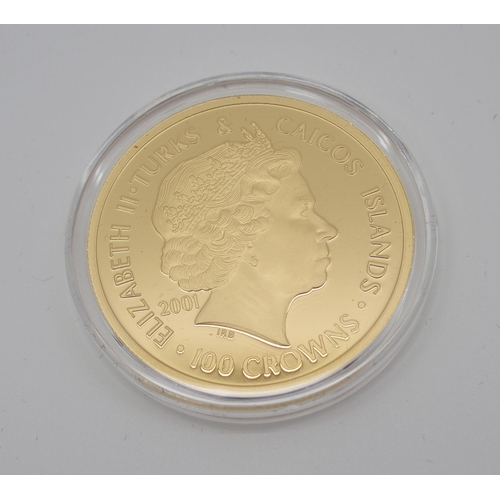 306 - A WESTMINSTER TURKS & CAICOS QUEEN VICTORIA GOLD PROOF 100 CROWNS COIN