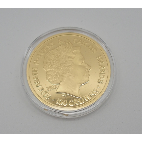 307 - A WESTMINSTER TURKS & CAICOS QUEEN ELIZABETH II GOLD PROOF 100 CROWNS COIN