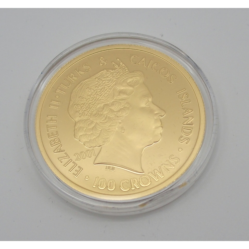 309 - A WESTMINSTER TURKS & CAICOS QUEEN VICTORIA GOLD PROOF 100 CROWNS COIN