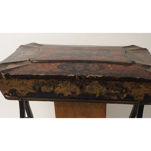 34 - A CHINESE EXPORT BLACK LACQUERED  POLYCHROME AND GILT SEWING TABLE