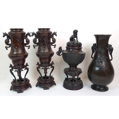 47 - A CHINESE BRONZE BALUSTER TABLE LAMP TWO-HANDLED VASE