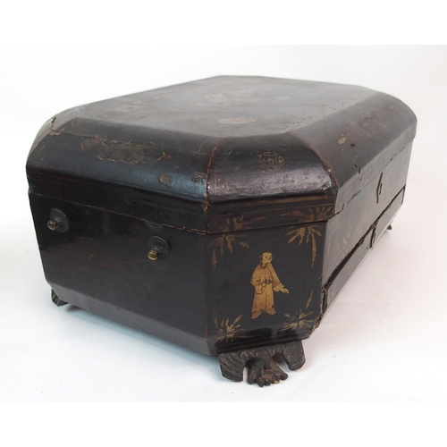 48 - A CHINESE EXPORT BLACK AND GILT LACQUERED OCTAGONAL TEA CADDY