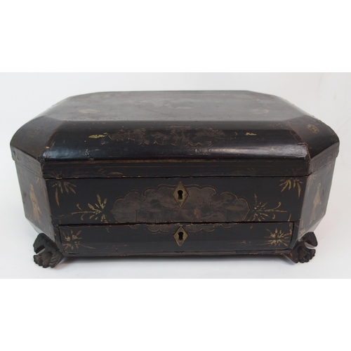 48 - A CHINESE EXPORT BLACK AND GILT LACQUERED OCTAGONAL TEA CADDY