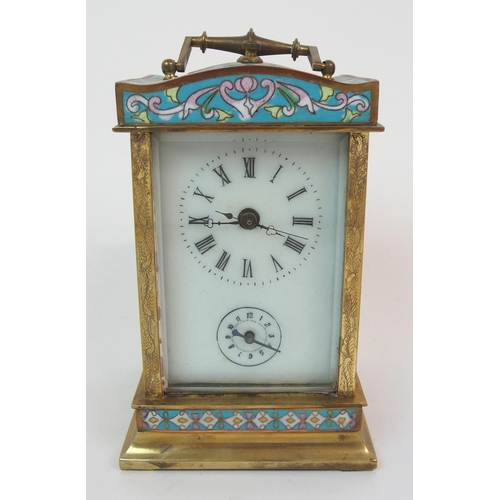 586 - A 20TH CENTURY CHAMPLEVE ENAMEL AND BRASS REPEATER CARRIAGE CLOCK