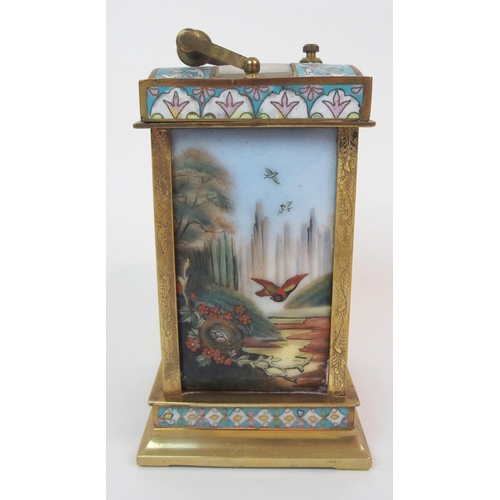 586 - A 20TH CENTURY CHAMPLEVE ENAMEL AND BRASS REPEATER CARRIAGE CLOCK