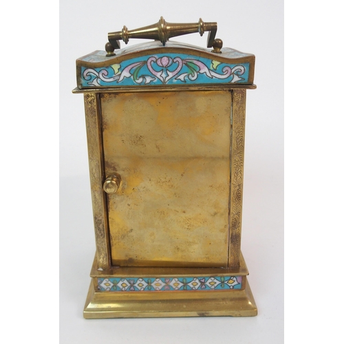 586 - A 20TH CENTURY CHAMPLEVE ENAMEL AND BRASS REPEATER CARRIAGE CLOCK