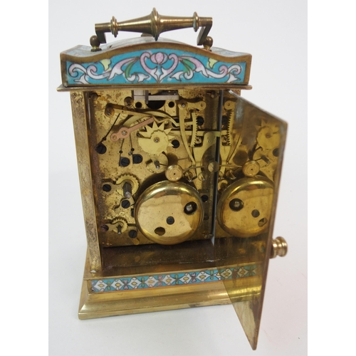 586 - A 20TH CENTURY CHAMPLEVE ENAMEL AND BRASS REPEATER CARRIAGE CLOCK