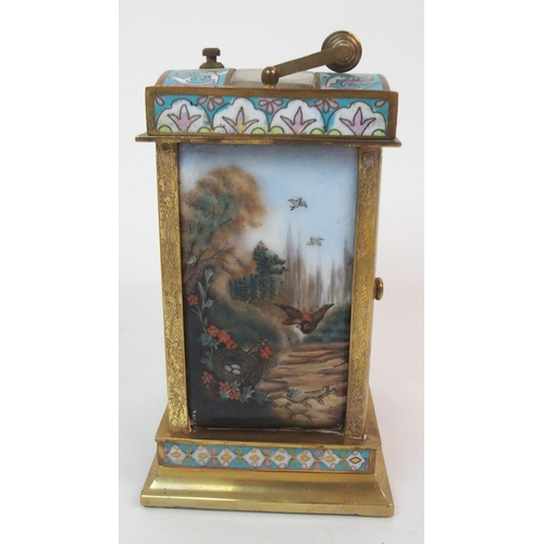 586 - A 20TH CENTURY CHAMPLEVE ENAMEL AND BRASS REPEATER CARRIAGE CLOCK