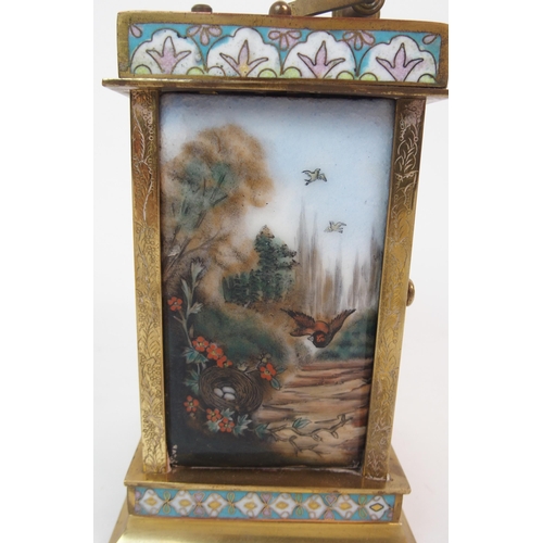 586 - A 20TH CENTURY CHAMPLEVE ENAMEL AND BRASS REPEATER CARRIAGE CLOCK