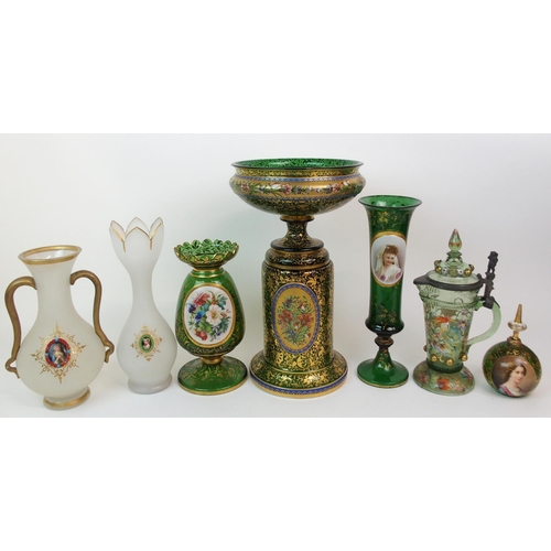 591 - A 19TH CENTURY BOHEMIAN GREEN GLASS CENTREPIECE