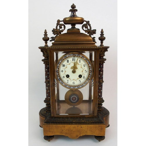 607 - A FRENCH CHAMPLEVE ENAMEL  BRASS AND GLASS MANTLE CLOCK