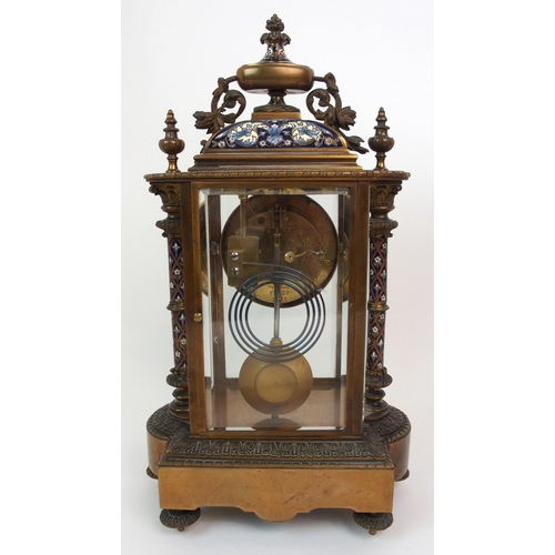 607 - A FRENCH CHAMPLEVE ENAMEL  BRASS AND GLASS MANTLE CLOCK