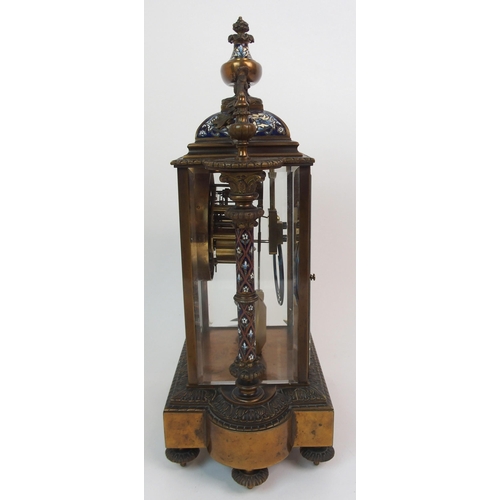 607 - A FRENCH CHAMPLEVE ENAMEL  BRASS AND GLASS MANTLE CLOCK