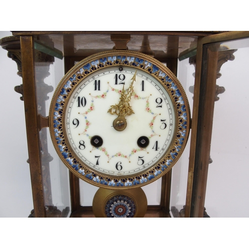 607 - A FRENCH CHAMPLEVE ENAMEL  BRASS AND GLASS MANTLE CLOCK